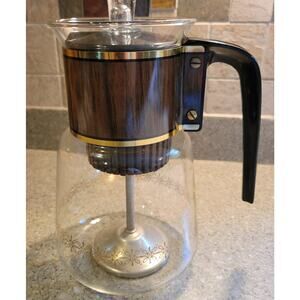 Vintage Cory DGPL-5 Glass Stove Top 8 cup Percolator Wood Grain Brass Stars MCM